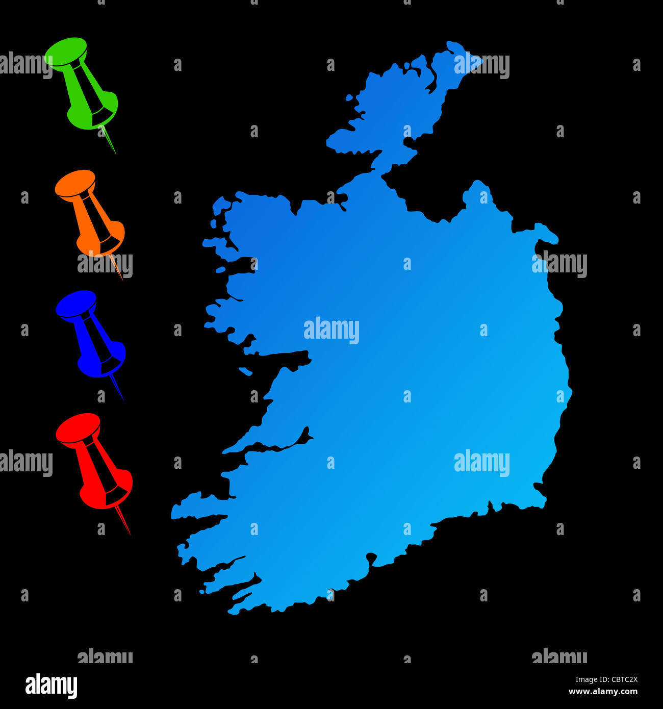Irlanda mappa di viaggio con perni di spinta su sfondo nero. Foto Stock