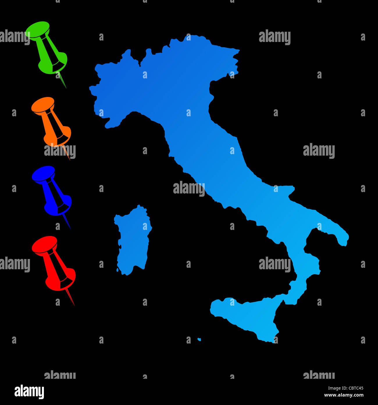 Italia mappa di viaggio con perni di spinta su sfondo nero. Foto Stock