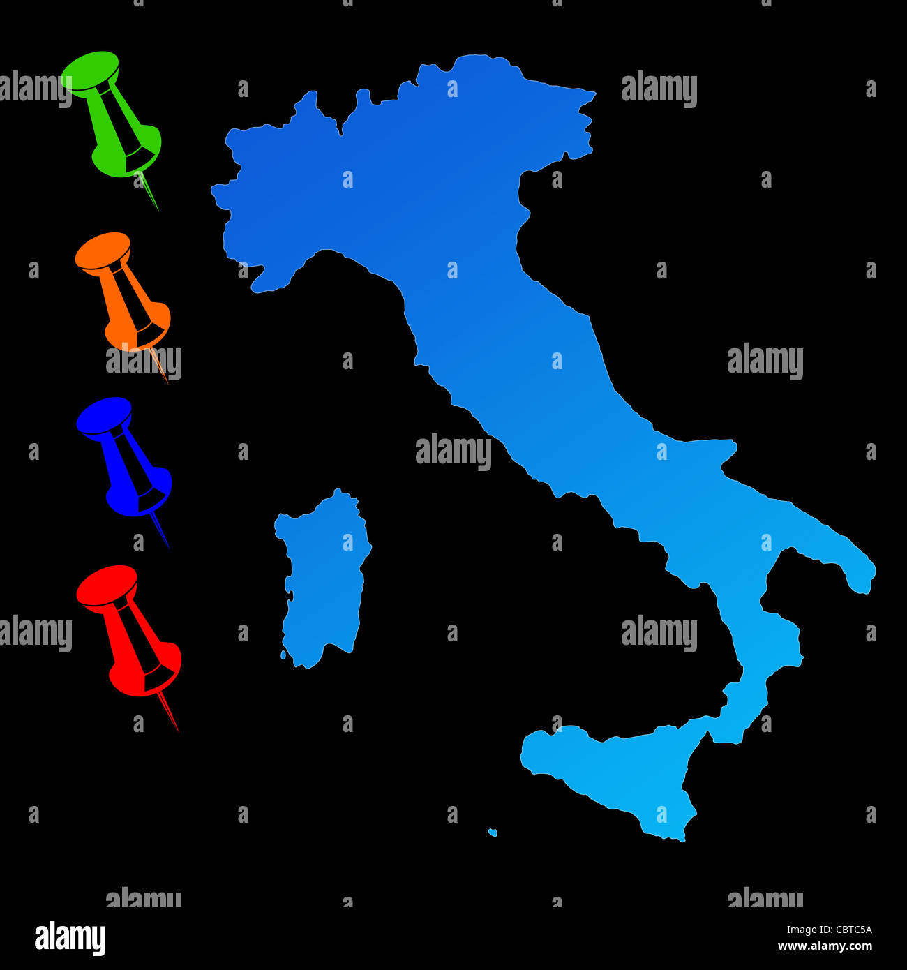 Italia mappa di viaggio con perni di spinta su sfondo nero. Foto Stock