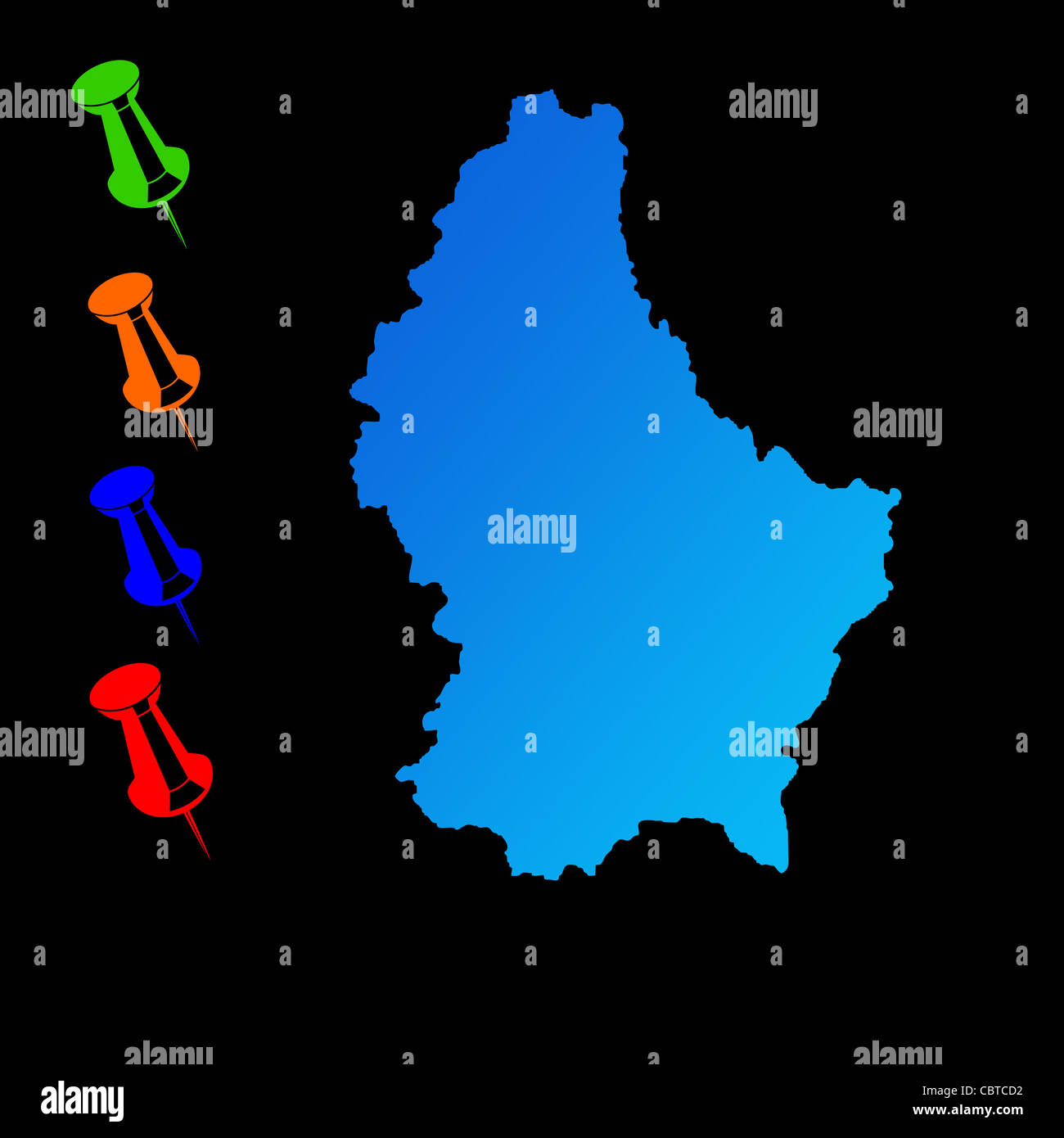 Lussemburgo mappa di viaggio con perni di spinta su sfondo nero. Foto Stock