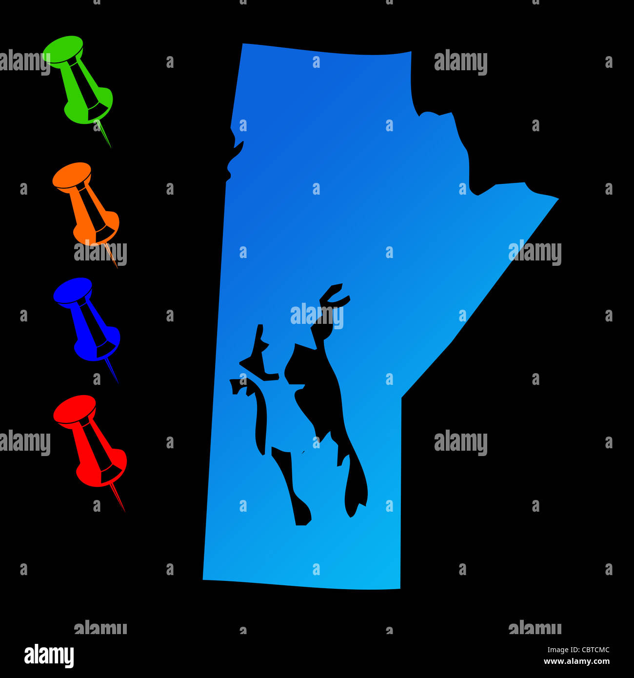 Stato canadese di Manitoba mappa di viaggio con perni di spinta su sfondo nero. Foto Stock