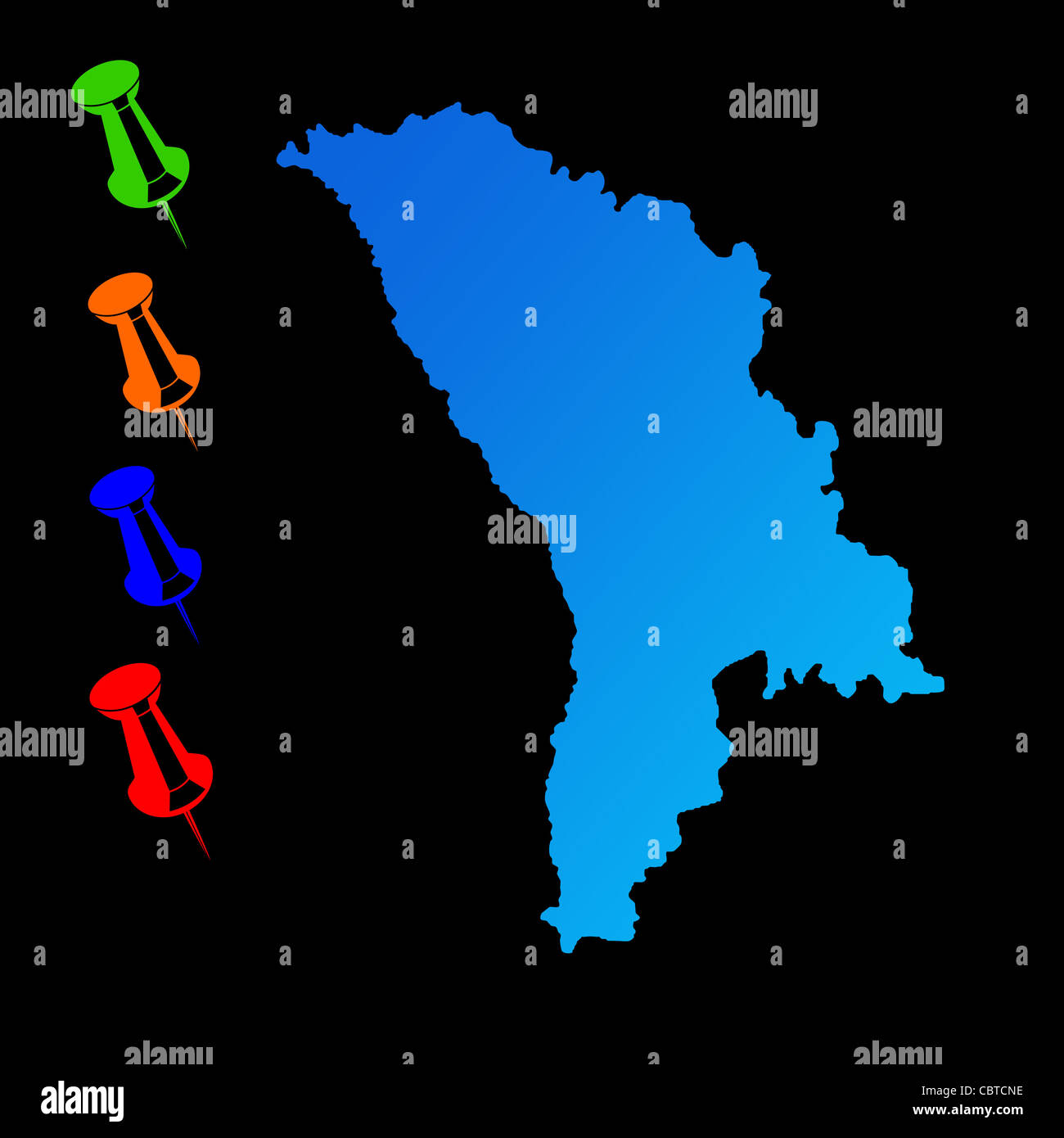 La Moldavia mappa di viaggio con perni di spinta su sfondo nero. Foto Stock