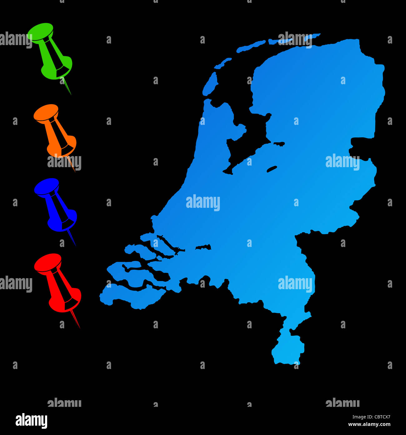 Paesi Bassi mappa di viaggio con perni di spinta su sfondo nero. Foto Stock