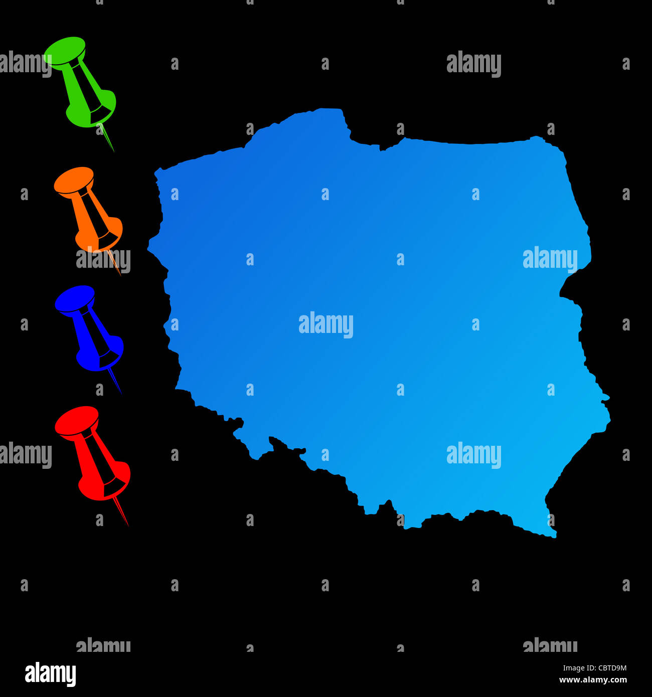 La Polonia mappa di viaggio con perni di spinta su sfondo nero. Foto Stock
