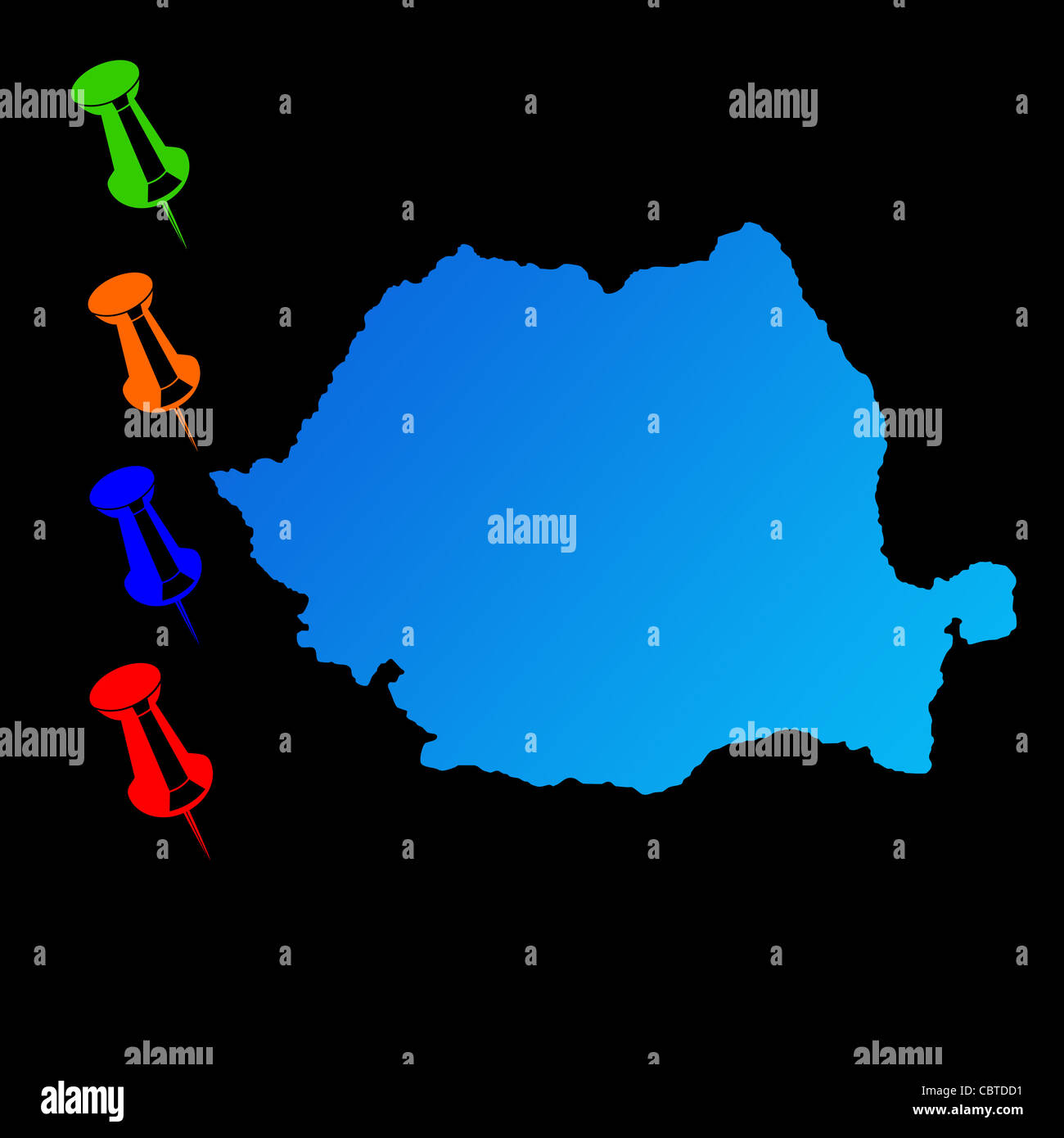La Romania mappa di viaggio con perni di spinta su sfondo nero. Foto Stock