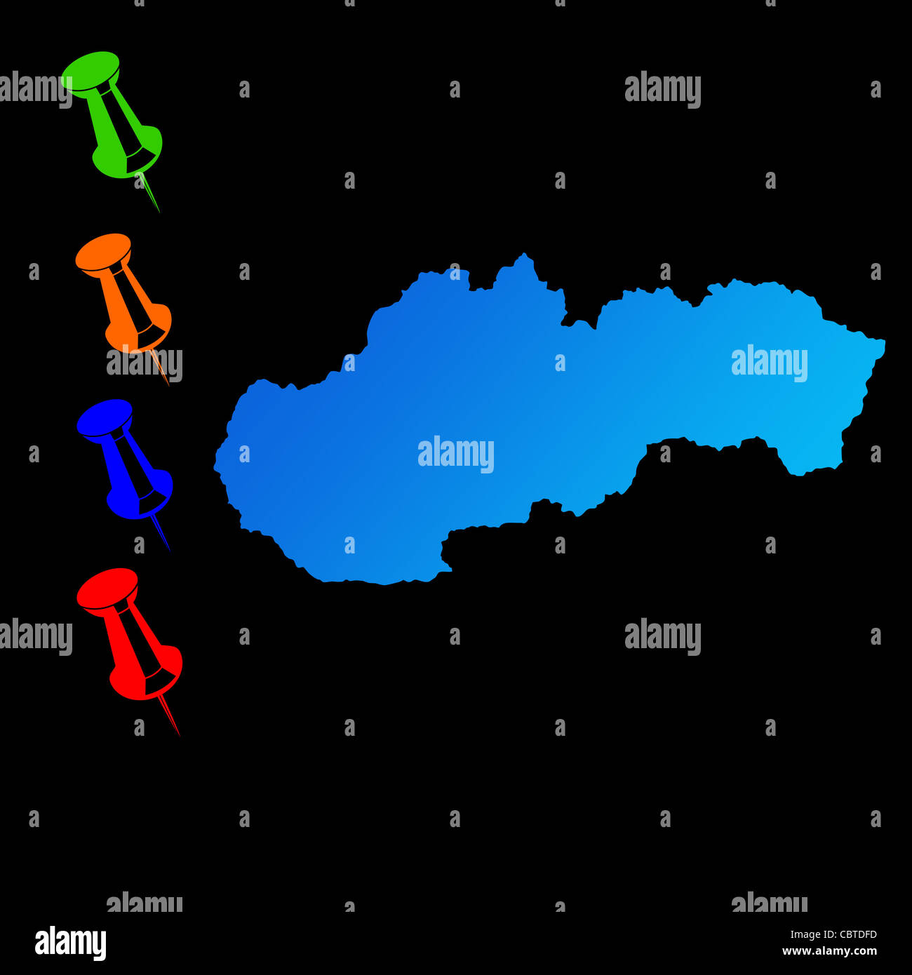 La Slovacchia mappa di viaggio con perni di spinta su sfondo nero. Foto Stock