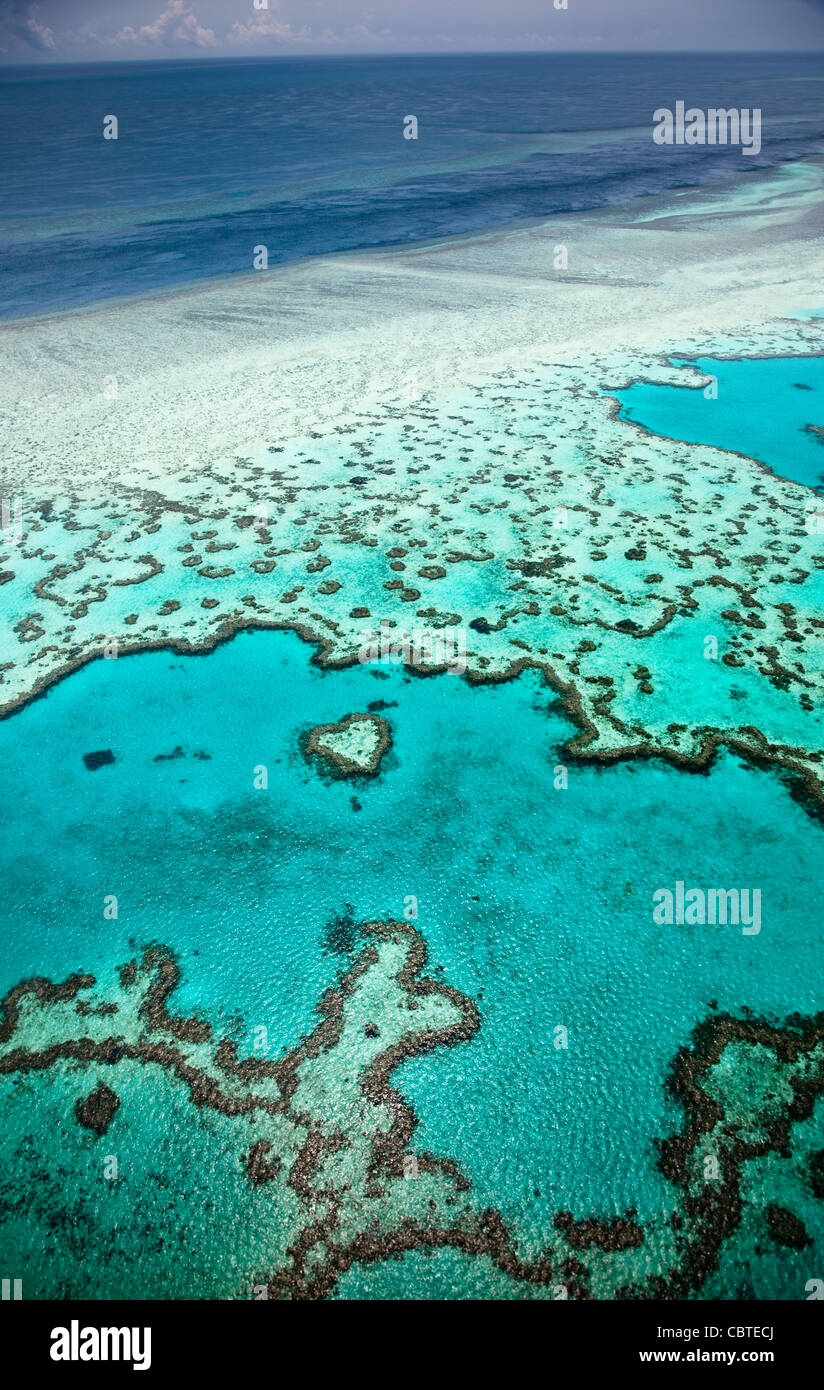 Vedute aeree del bel cuore Reef in la spettacolare grande barriera corallina vicino alle Isole Whitsunday nel Queensland, in Australia. Foto Stock