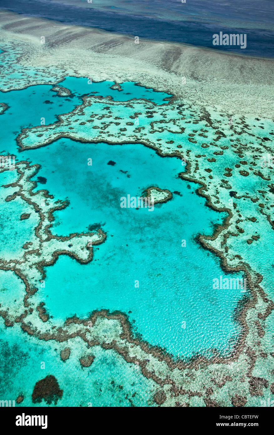 Vedute aeree del bel cuore Reef in la spettacolare grande barriera corallina vicino alle Isole Whitsunday nel Queensland, in Australia. Foto Stock