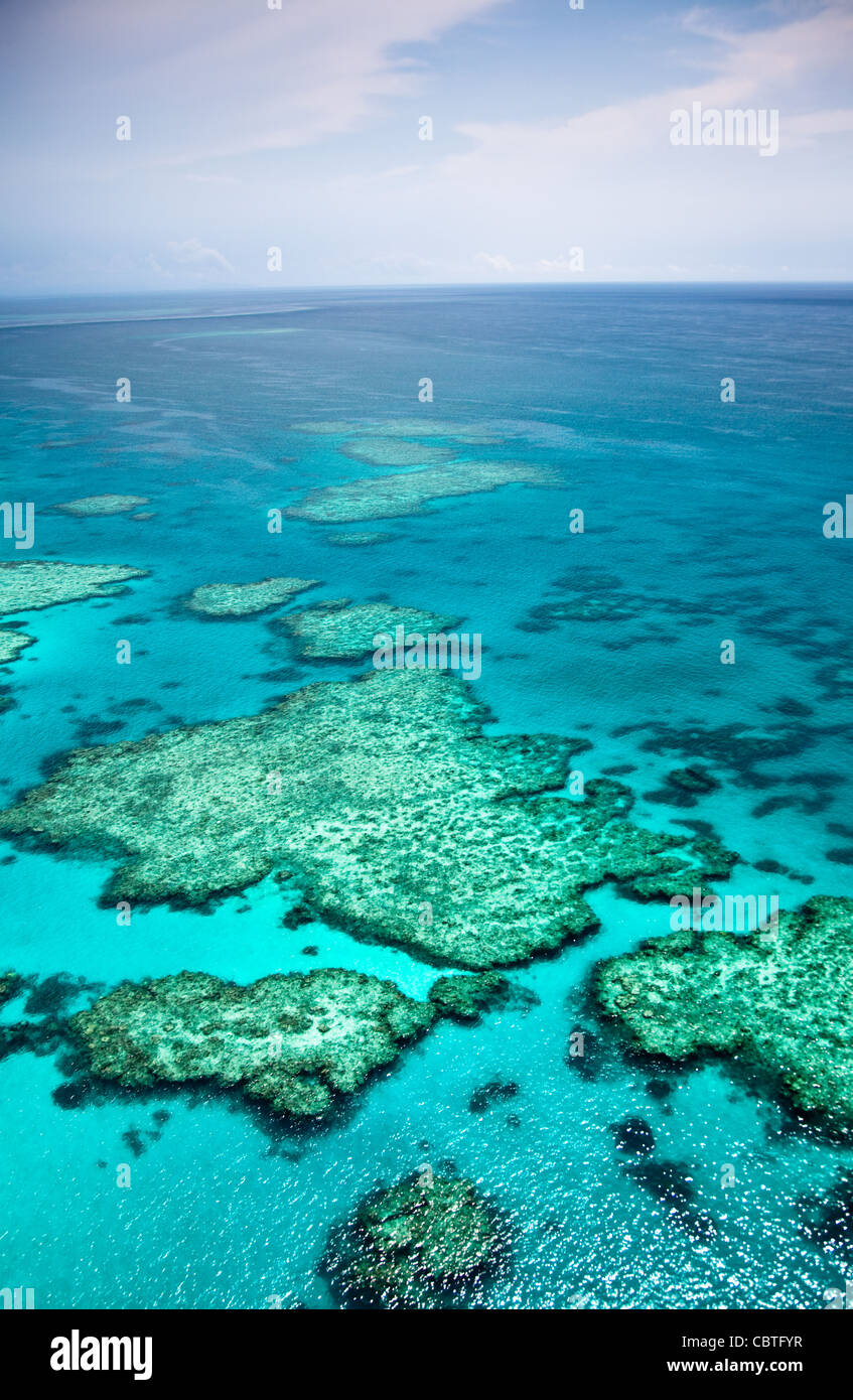 Vedute aeree di la spettacolare grande barriera corallina vicino alle Isole Whitsunday nel Queensland, in Australia. Foto Stock