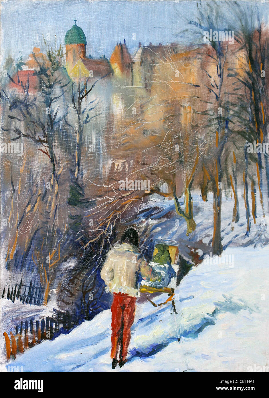 Incantevole Paesaggio Invernale Dipinte A Olio Su Tela Con L Artista Che Disegna Un Immagine Foto Stock Alamy