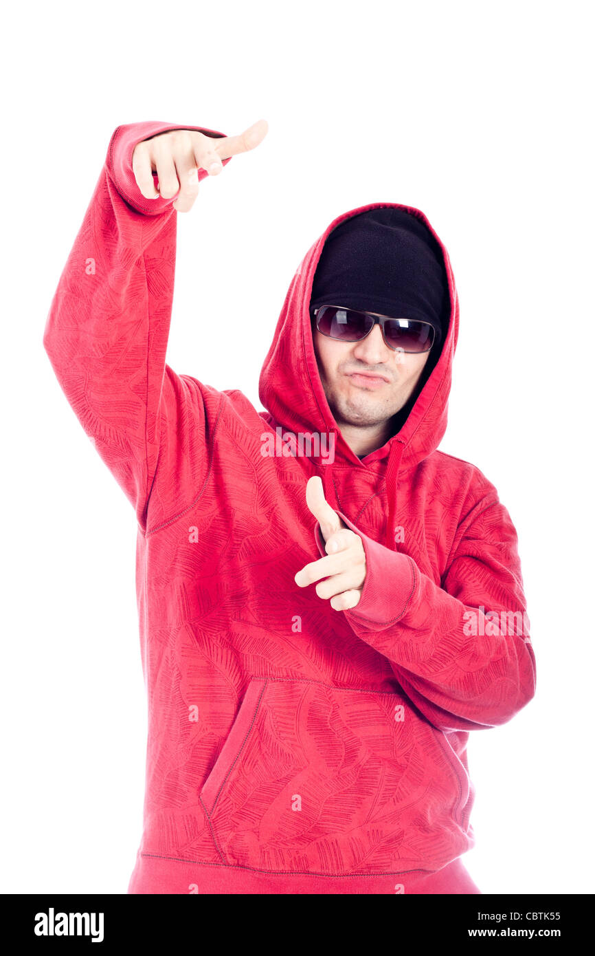Hip Hop ballerino in felpa con cappuccio rosso rivolto a voi. Isolato su sfondo bianco. Foto Stock