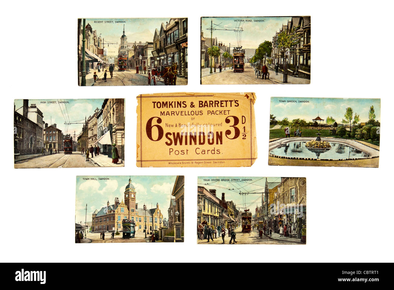 Set di 1920's precoce cartoline a colori di Swindon, Wiltshire (UK), venduto da Tomkins & Barrett Foto Stock