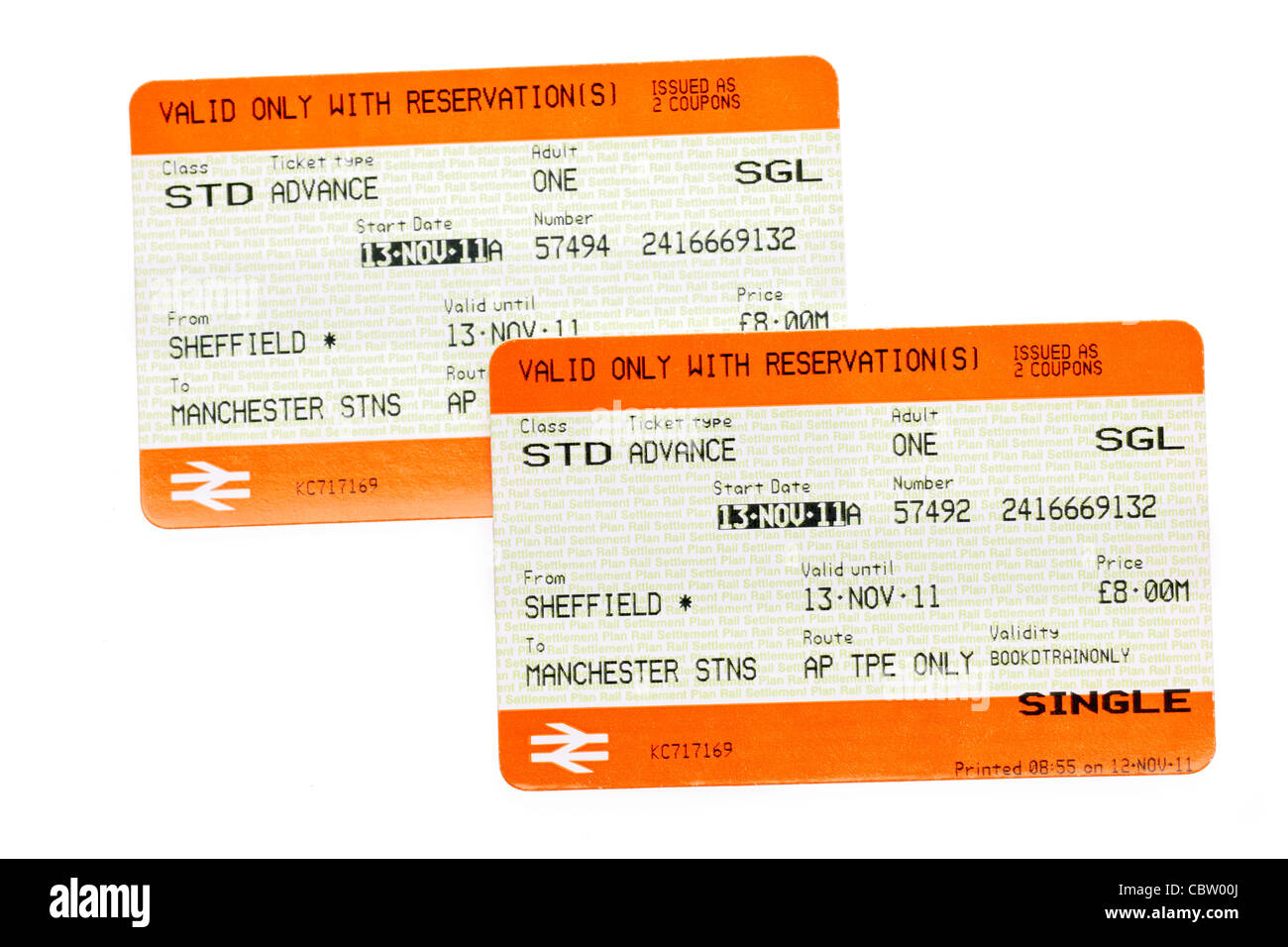 Due Sheffield a Manchester i biglietti del treno per il 13 novembre 2011 Foto Stock