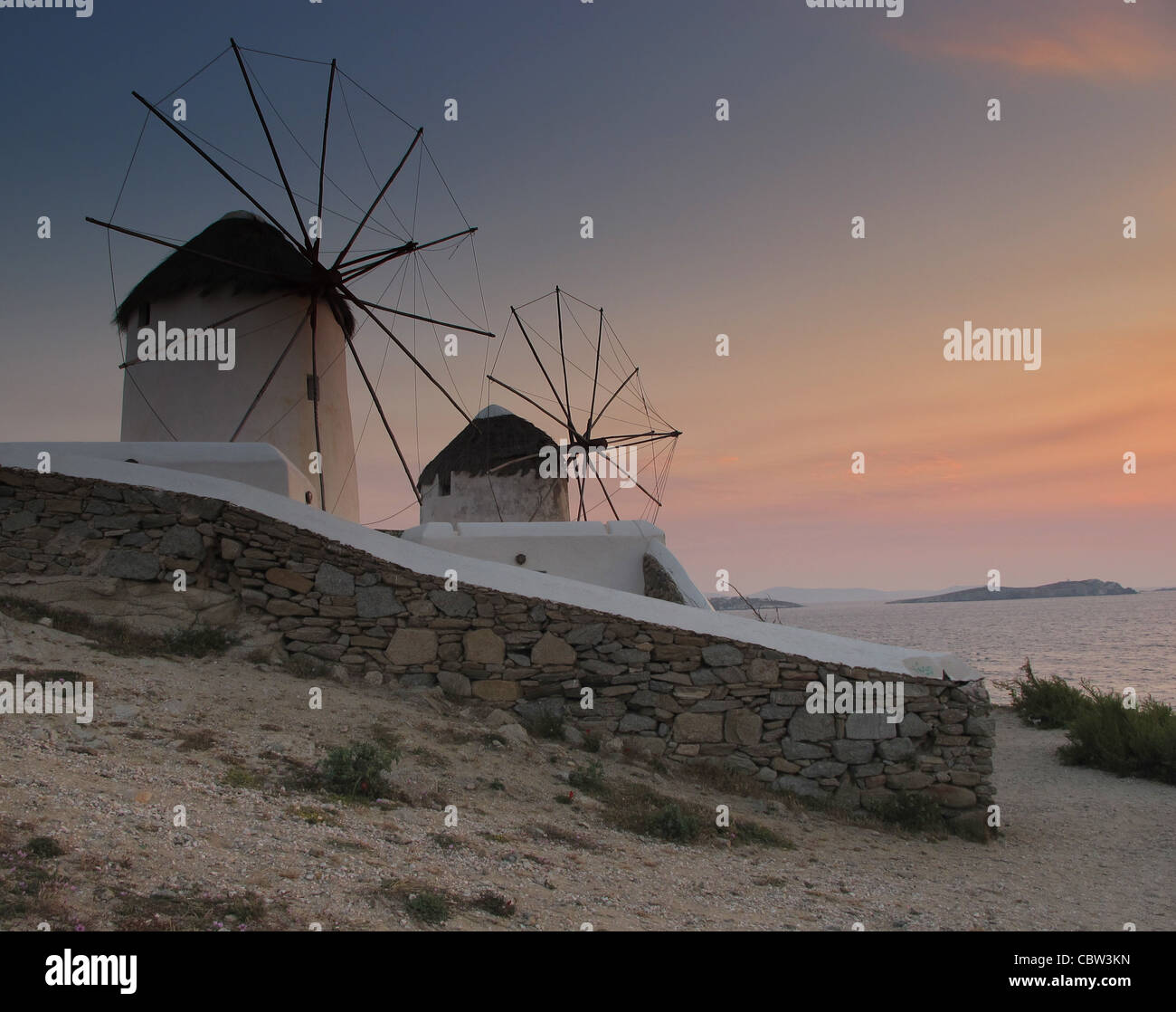 Mulini a vento di Mykonos in Grecia Foto Stock