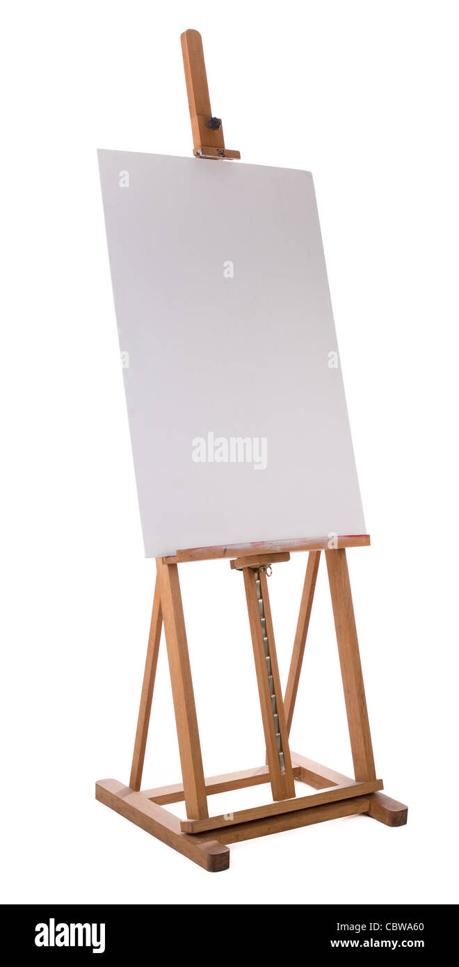 Cavalletto in legno con tela vuota isolata su sfondo bianco Foto Stock