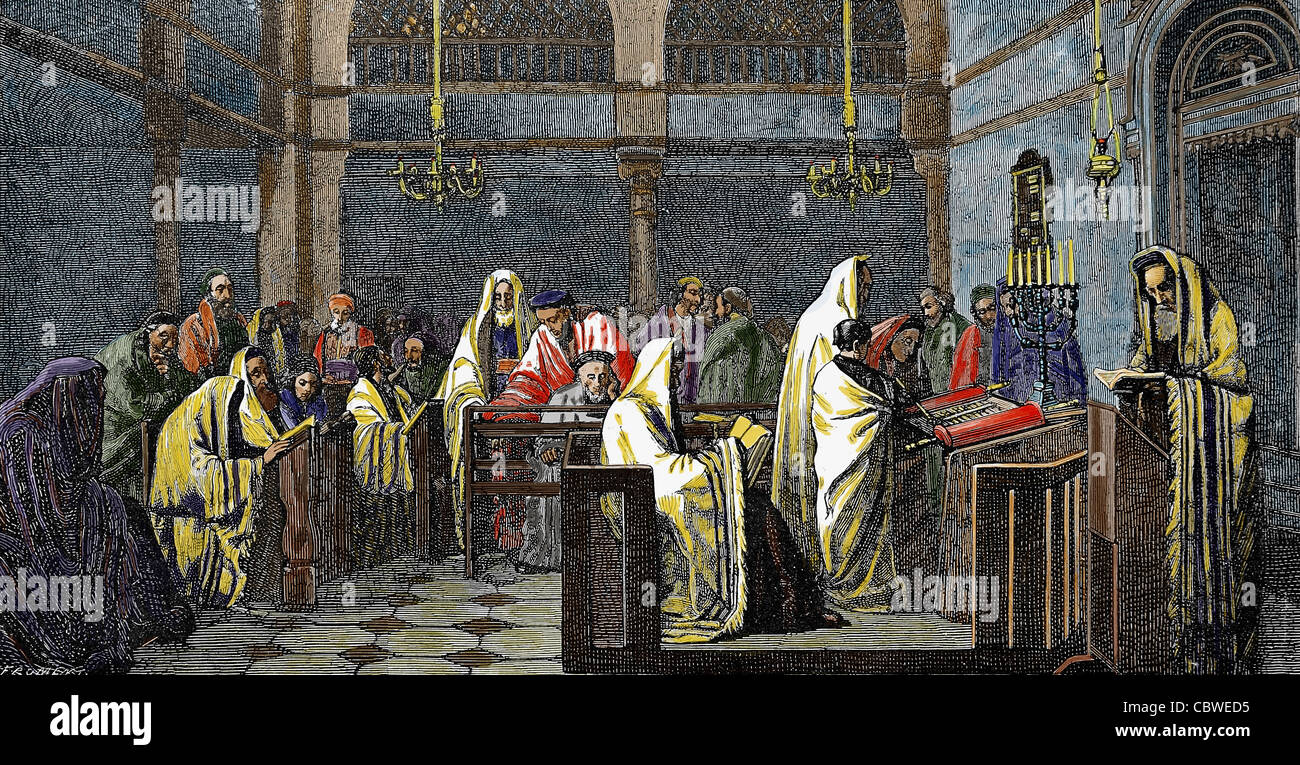 Religione ebraica. Sinagoga. La lettura della Torah. Incisione colorata. Foto Stock
