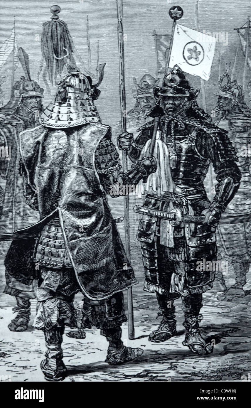 Soldati Samurai imperiali giapponesi o guardie imperiali che indossano abiti di armatura o armatura, incisione c19 o illustrazione d'epoca Foto Stock