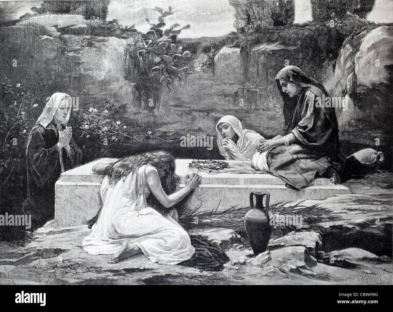 Tre Marys o Maries, tra cui Maria Maddalena, piangendo e piangendo al Sepolcro o Tomba di Cristo o Gesù. Illustrazione o incisione vintage Foto Stock