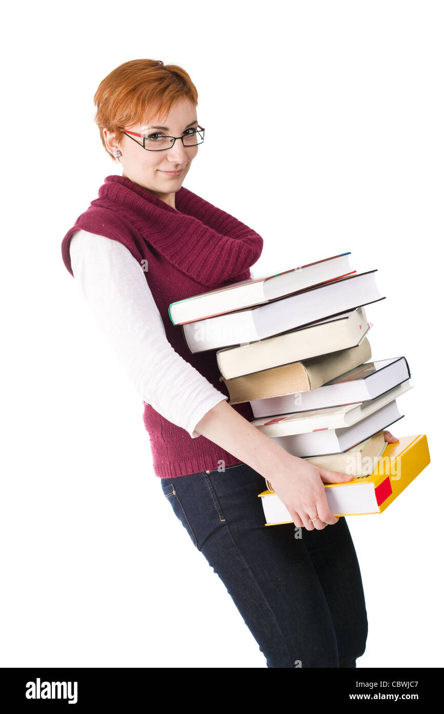 Studente ragazza porta molti libri isolati su sfondo bianco Foto Stock