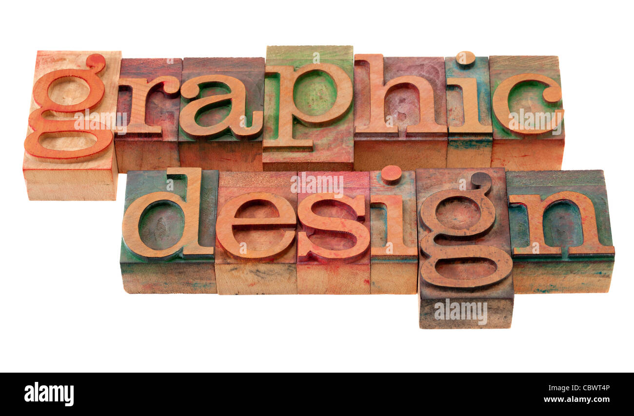 Graphic design parola abstract in legno vintage tipografia blocchi, macchiata di inchiostri a colori, isolato su bianco Foto Stock