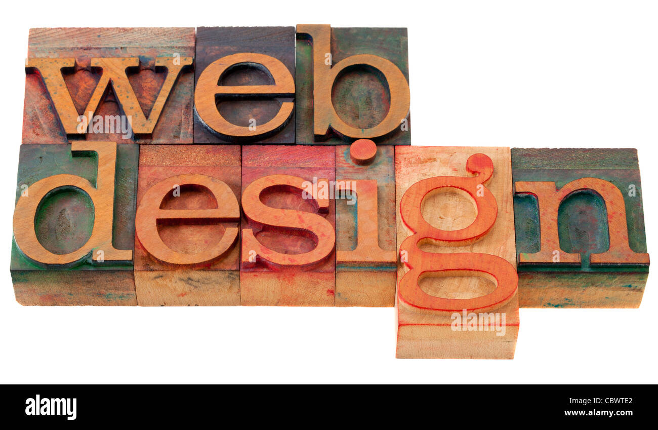 Web design - parole in legno vintage tipografia blocchi, isolato su bianco Foto Stock