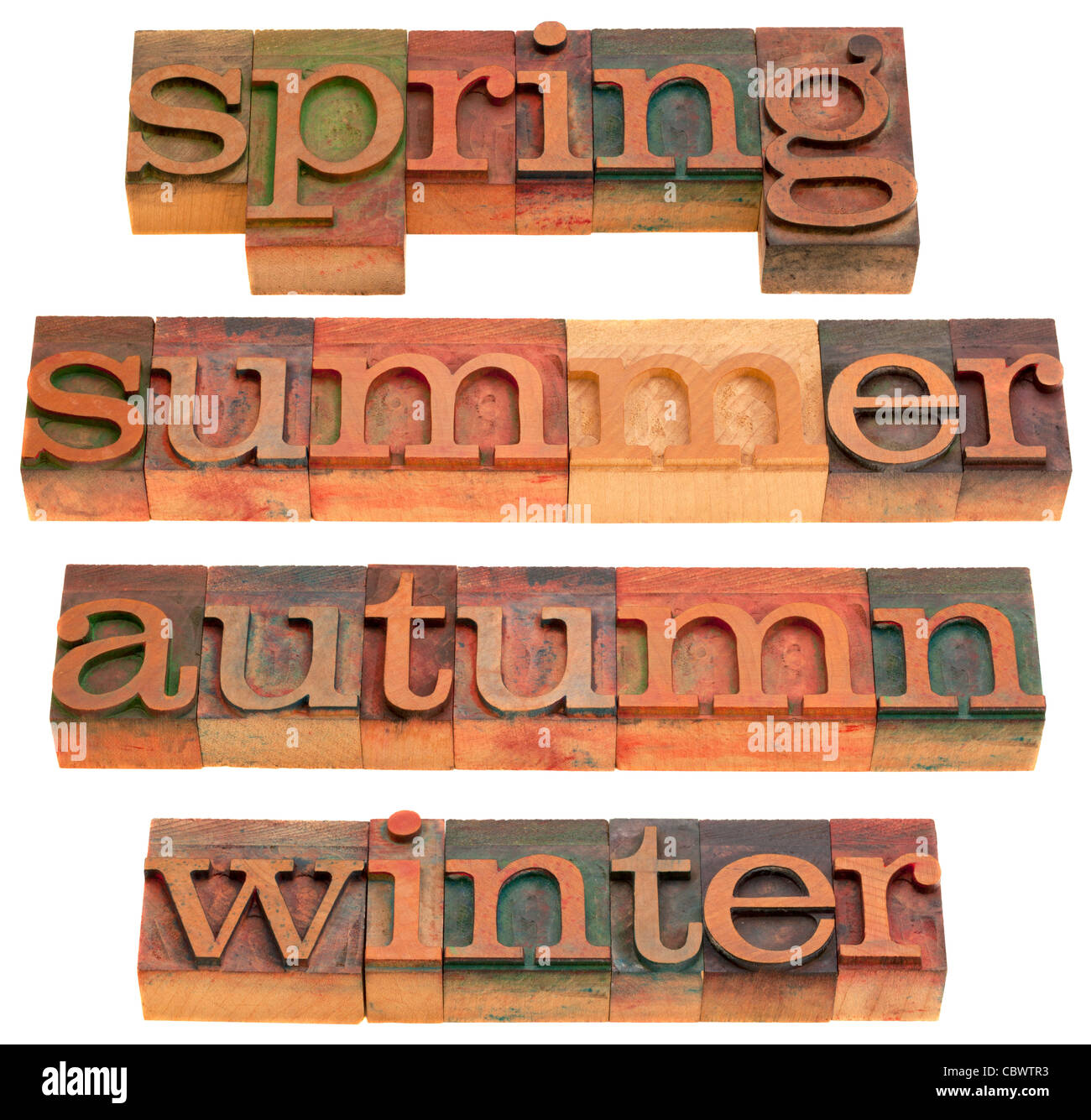 Four Seasons (primavera, estate, autunno e inverno) in legno vintage tipografia blocchi isolati su bianco Foto Stock
