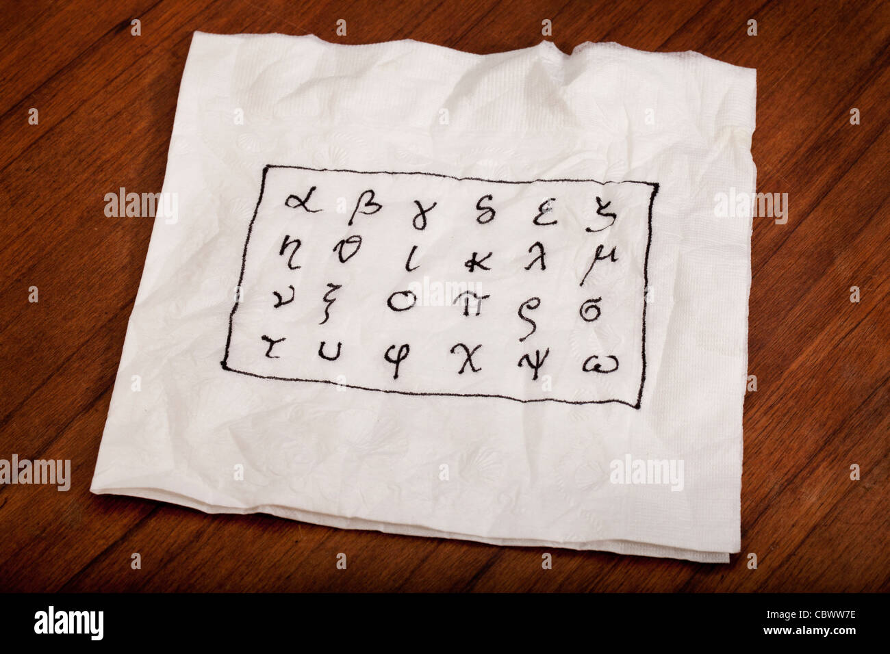 Venti quattro lettere dell'alfabeto greco da alfa e omega (in minuscolo) manoscritta su un tovagliolo bianco Foto Stock