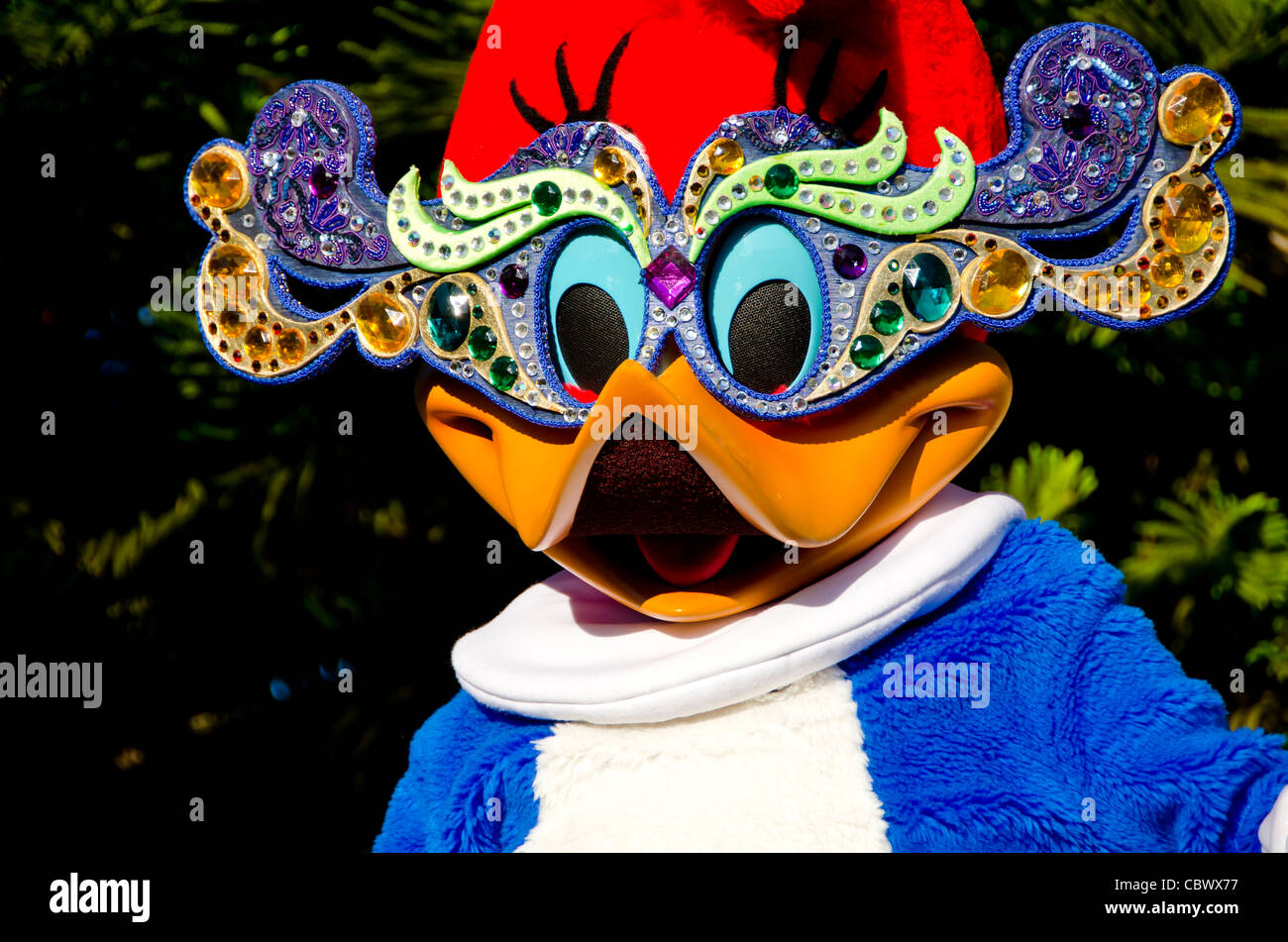 Woody Woodpecker in Mardi Gras Mask presso gli Universal Studios Orlando in Florida Foto Stock