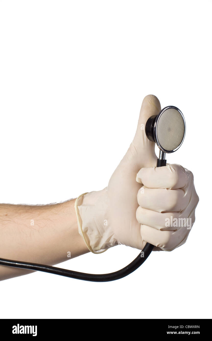 Stetoscopio medico in mano su sfondo bianco Foto Stock