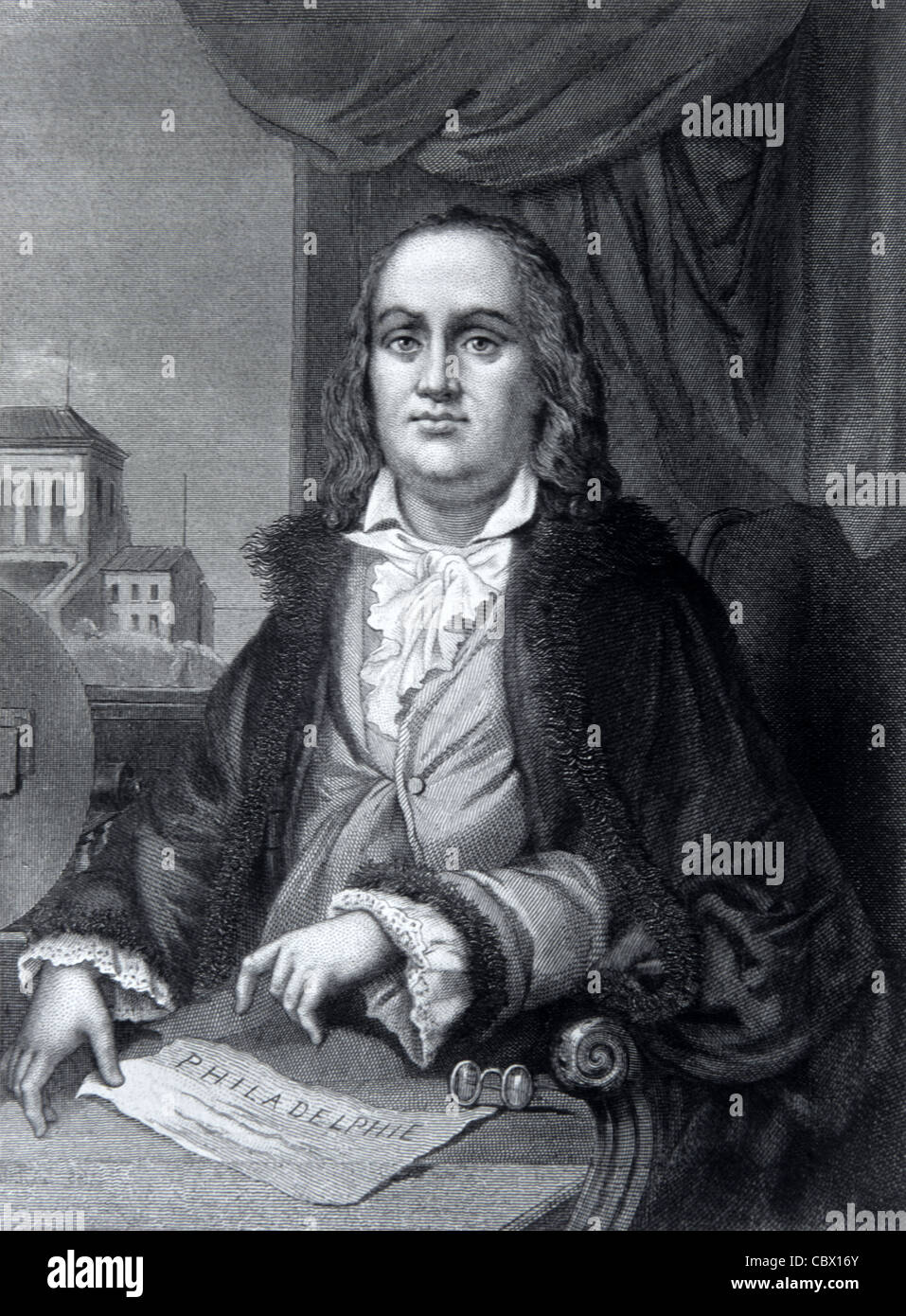 Ritratto di Benjamin Franklin (1706-90), uno dei padri fondatori degli Stati Uniti o dell'America. Incisione c1880 o illustrazione vintage Foto Stock