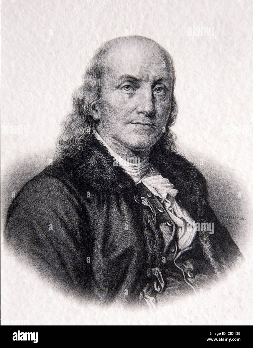 Ritratto di Benjamin Franklin (1706-1790), uno dei padri fondatori degli Stati Uniti. Stampante americana, autore & politico. Illustrazione o incisione vintage Foto Stock