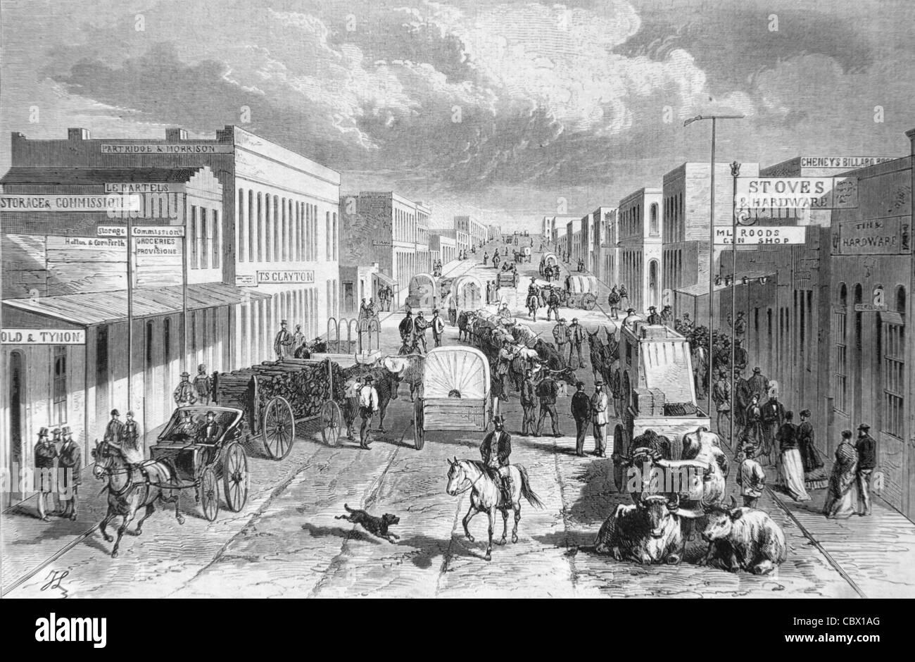 Main Street o Street Scene a Denver, Colorado, Stati Uniti d'America, Stati Uniti, Stati Uniti o Stati Uniti. 1868 incisione o illustrazione d'epoca Foto Stock