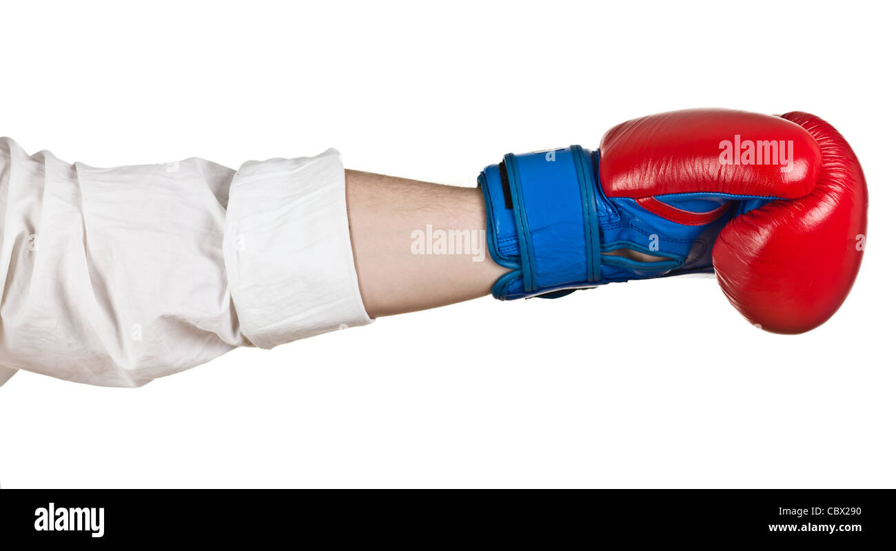 La mano con il pugilato Gloces su bianco Foto Stock