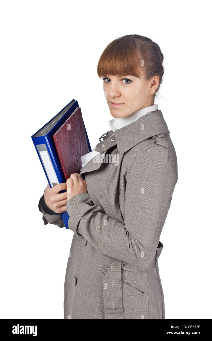 Imprenditrice con libro in abito nero isolato su sfondo bianco Foto Stock