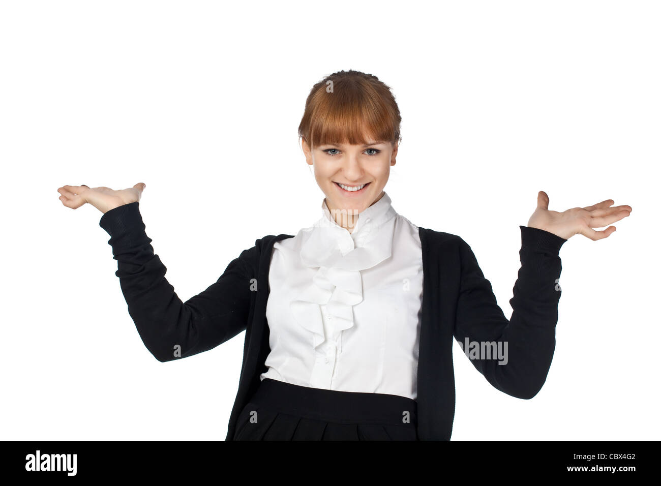 Azienda femmina qualcosa di isolato che pongono la donna Foto Stock