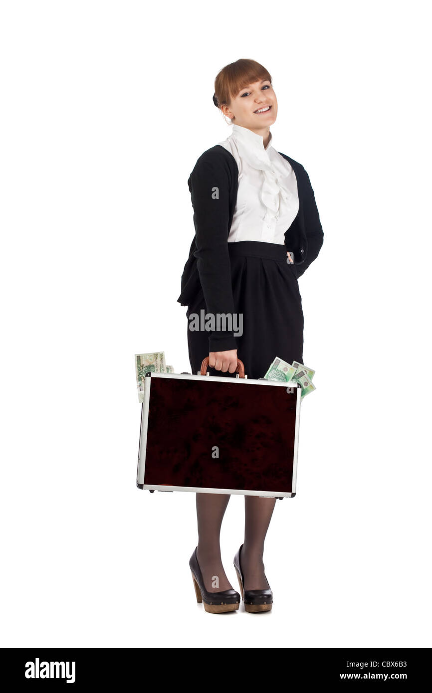 Immagine di una donna in possesso di una valigia traboccante di denaro Foto Stock