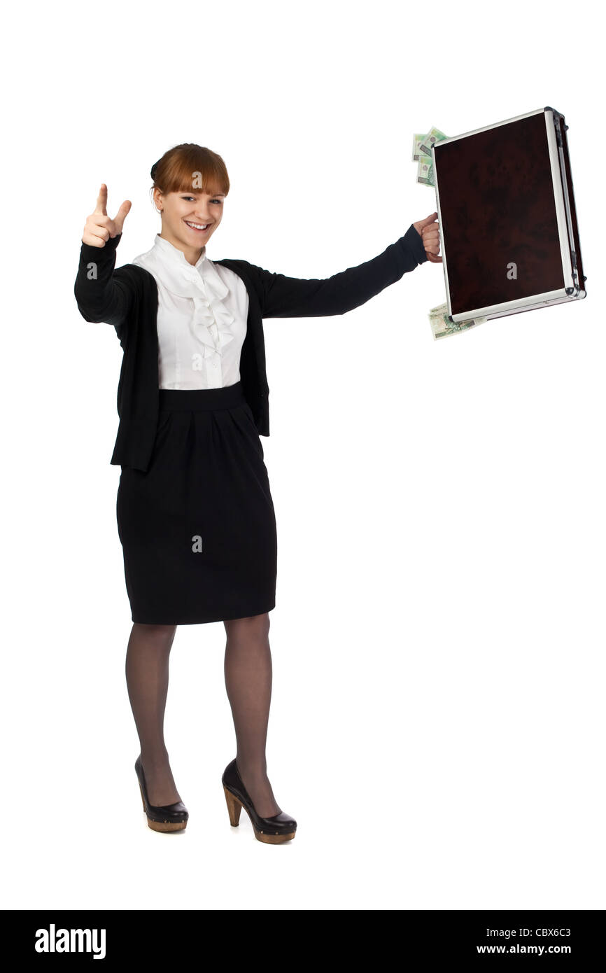 Immagine di una donna in possesso di una valigia traboccante di denaro Foto Stock