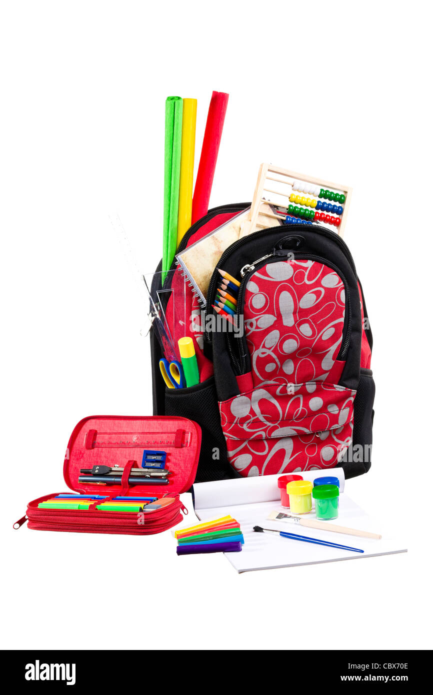 Nizza zaino decorativo o bookbag con forniture scolastiche isolati su sfondo bianco Foto Stock