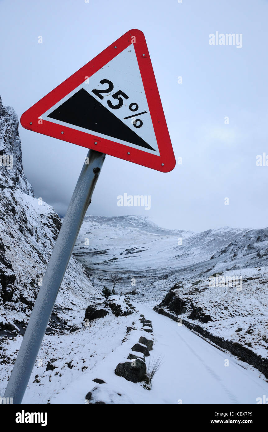 Cartello stradale su Honister Pass sotto la neve in inverno nel Lake District inglese Foto Stock