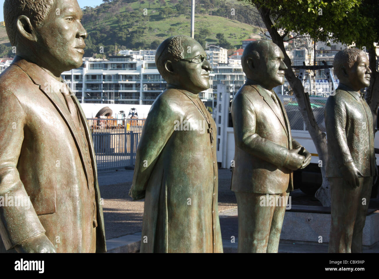 Statue di Sud Africa quattro premi Nobel per la pace, V & A Waterfront, Città del Capo Foto Stock