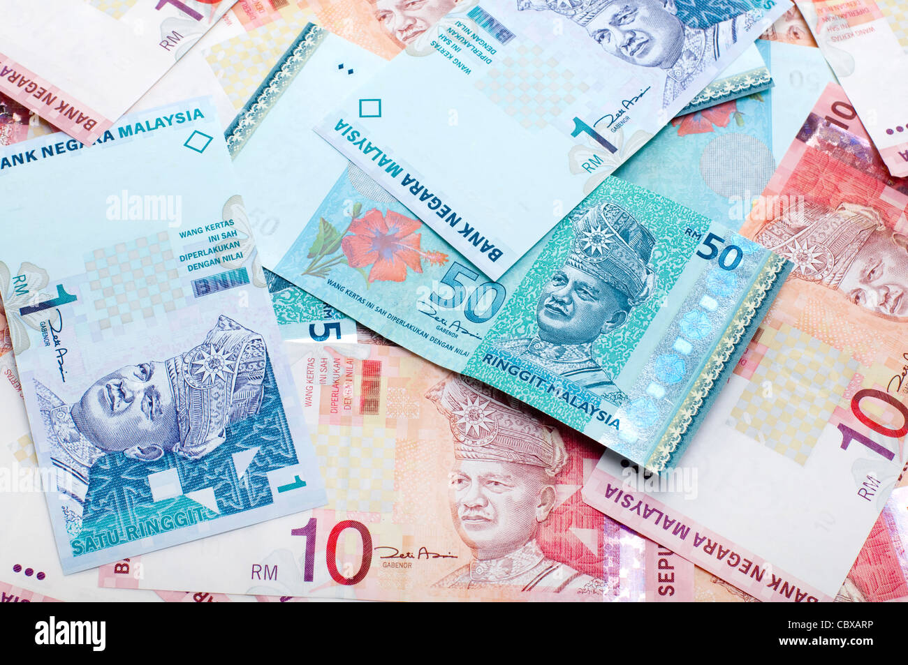 Close up Malaysia ringgit di 1, 10 e 50. Foto Stock