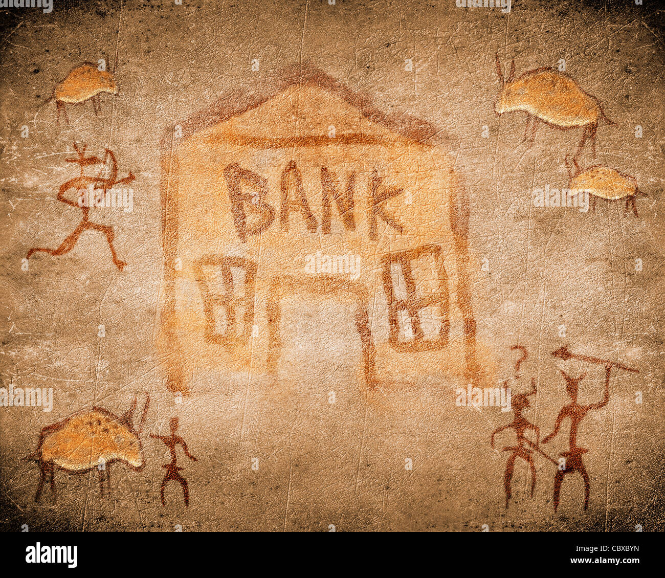 Grotta preistorica dipinto con la banca Foto Stock