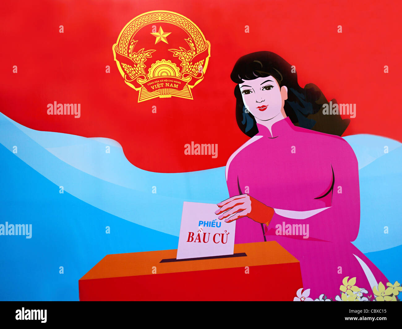Billboard in Hanoi Vietnam incoraggiando il popolino di voto Foto Stock