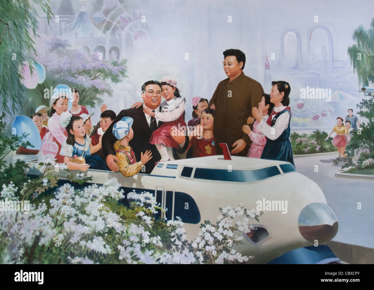 KIM Il Sung e Kim Jong Il su un poster di propaganda, COREA DEL NORD Foto Stock