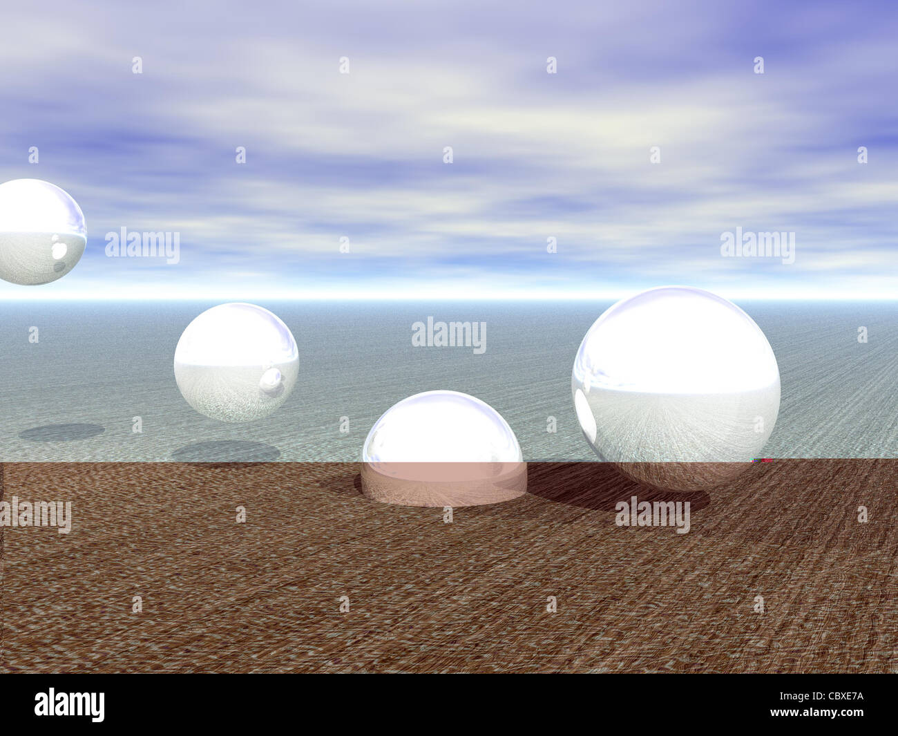 Quattro sfere riflettenti la levitazione su uno sfondo neutro Foto Stock