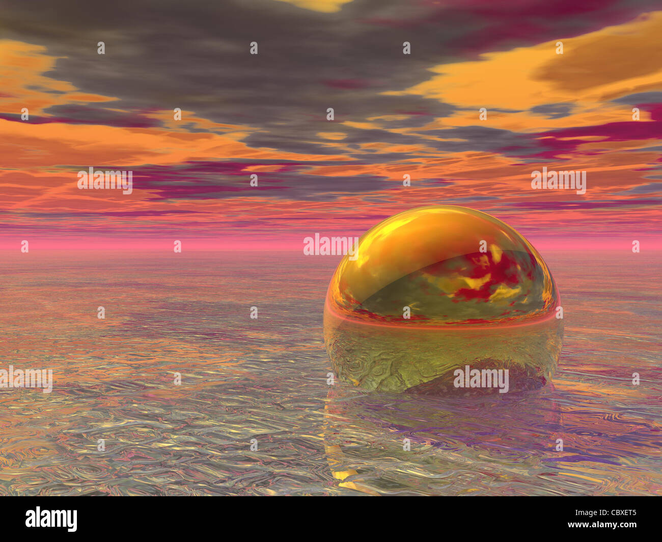 Abstract: Sfera oro nuoto su acqua con Red Sky Foto Stock