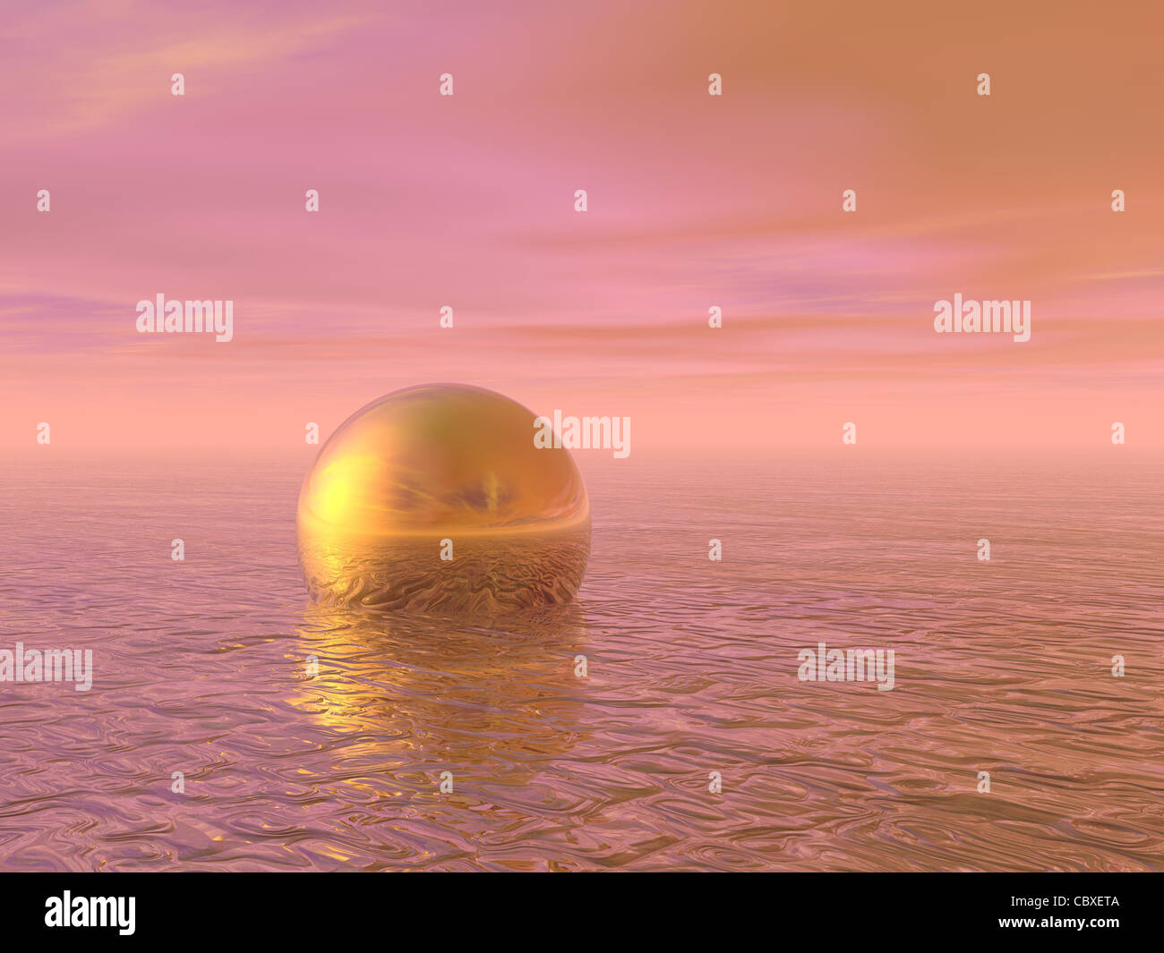 Abstract: oro sfera sulla piscina di acqua in atmosfera di rosso Foto Stock
