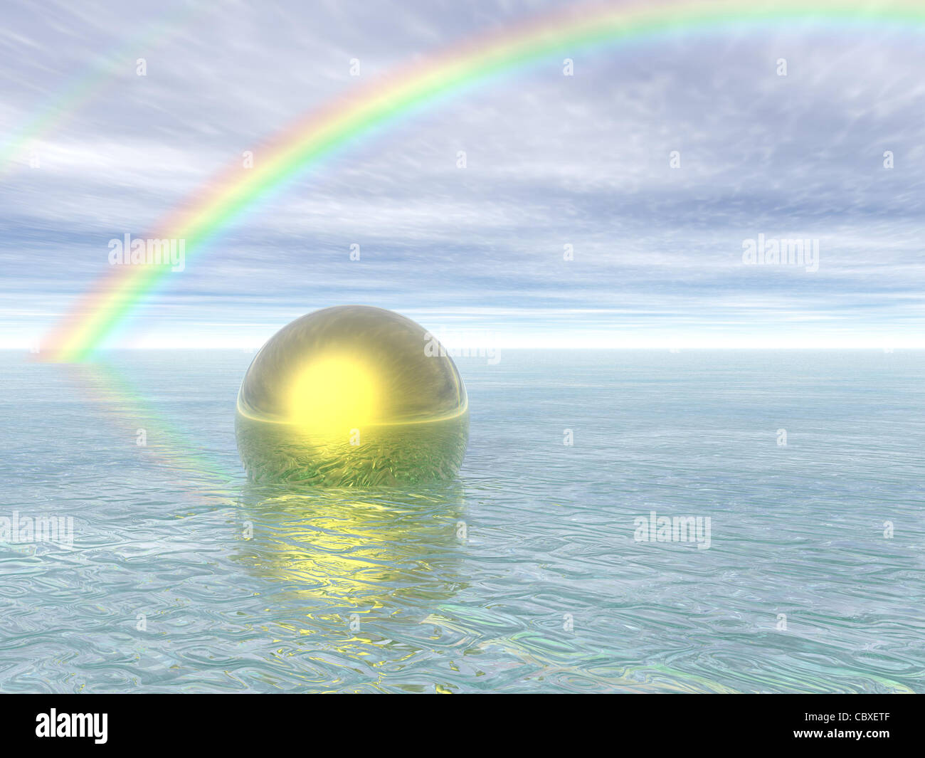 Abstract: Sfera oro nuoto su acqua con Rainbow Foto Stock