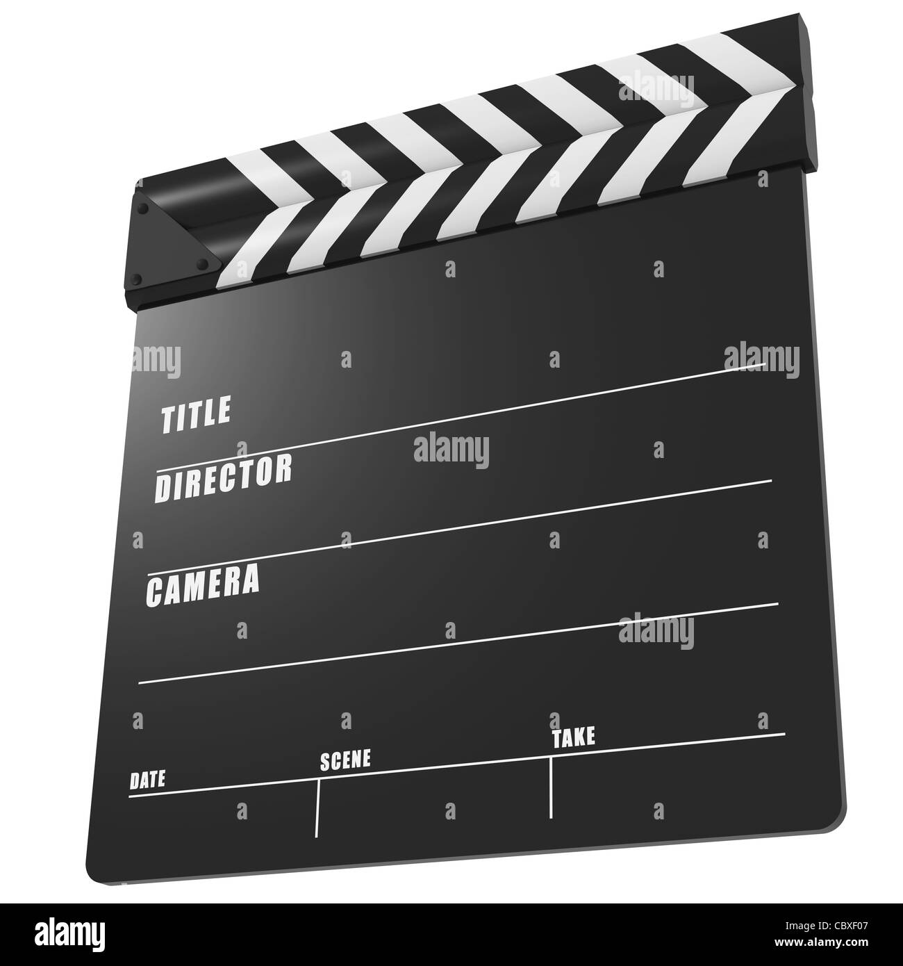 Clapboard o battaglio con il braccio abbassato su sfondo bianco Foto Stock