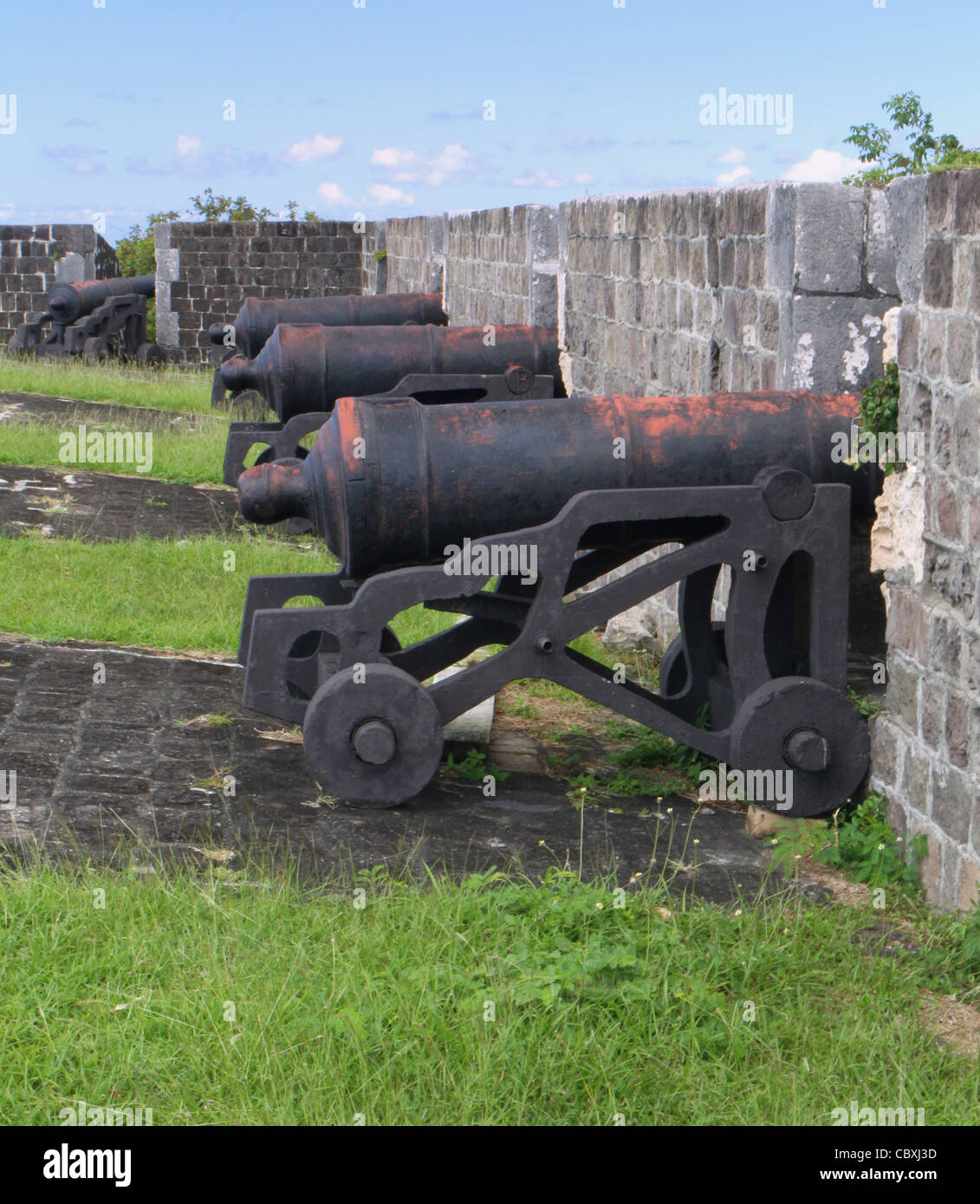Brimstone Hill Fortress che mostra una fila di muso a cannone di caricamento Foto Stock